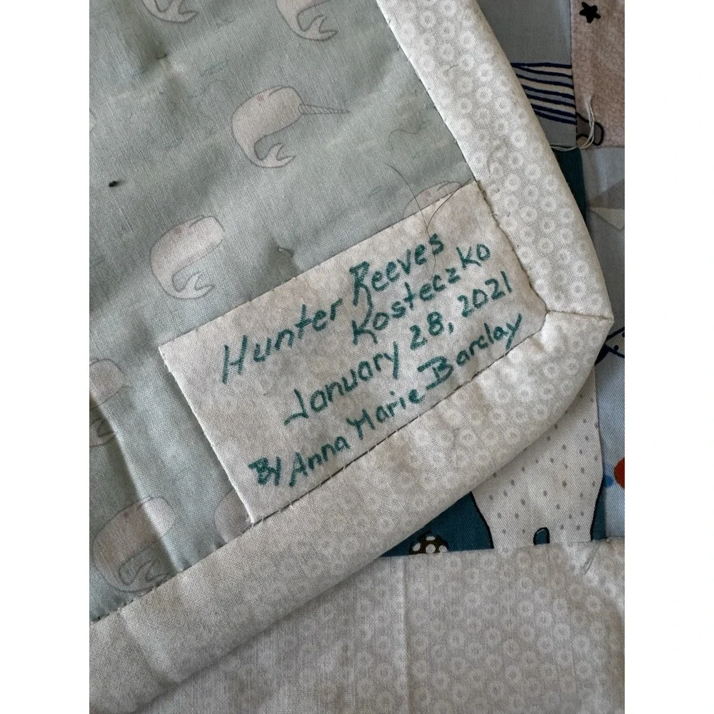 Handmade Bear And‎ Fish Patchwork Baby Boys Quilt Nursery Crib Blanket 37x49